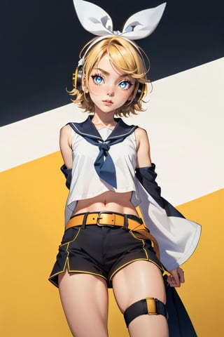 masterpiece, best quality, Rin Kagamine, glowing eyes, short hair, number tattoo, bow, white shirt, detached sleeves, belt, sailor collar, headphones, shorts, leg warmers