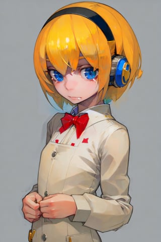 masterpiece, AGGA_ST060, 1girl, solo, looking at viewer, short hair, blue eyes, blonde hair, simple background, bow, ribbon, closed mouth, hairband, bowtie, grey background, red bow, headphones, red bowtie, android, joints, robot joints, aegis \(persona\)