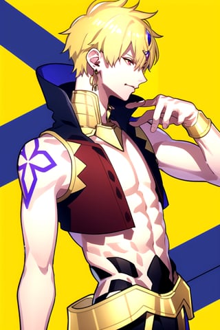 AGGA_ST015,  , Gilgamesh,  ? gilgamesh (caster) (fate) 642
? gilgamesh (fate) 6.0k
General
? 1boy 1.0M
? blonde hair 1.2M
? closed mouth 787k
? earrings 397k
? eyelashes 113k
? gorget 1.9k
? holding 922k
? jacket 629k
? jewelry 768k
? male focus 466k
? open clothes 351k
? open jacket 153k
? pectorals 62k
? profile 93k
? red eyes 1.0M
? short hair 1.8M
? sleeveless 314k
? sleeveless jacket 6.7k
? solo 4.0M
? upper body 539k
? yellow background 40k, , , 