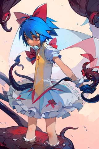 masterpiece, AGGA_ST060, 1girl, solo, short hair, skirt, red eyes, gloves, bow, ribbon, blue hair, hair bow, cosplay, magical girl, tentacles, bubble skirt, fusion, kaname madoka, kyubey