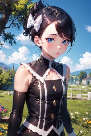 Marley_PKM, ((masterpiece)), (best quality), official art, extremely detailed CG, unity 8k wallpaper, ultra detailed,
1girl,  marley_pkm, hair bow, gothic dress, detached sleeves, black leggings, black boots, 
Walking with one hand in the pocket, outdoors, upper body, 
 ,
 ,