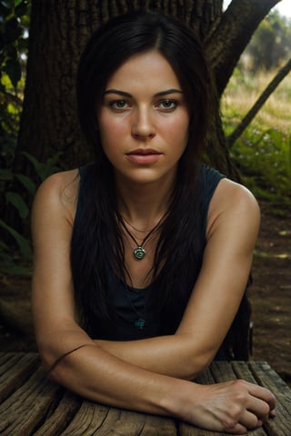 symmetry close-up portrait of an young woman podcaster sitting on a table in an African outdoor compound surrounded by greenery in the style of Steven Spielberg, bokeh