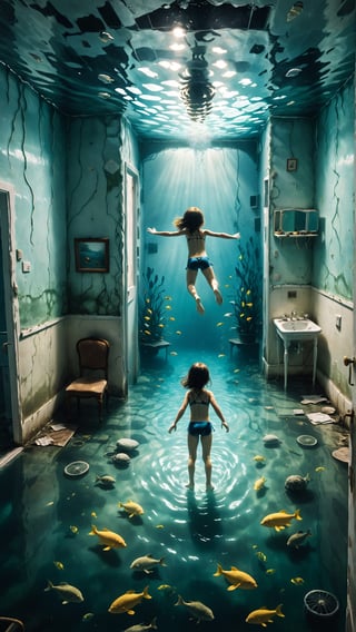 An abondened room full of water and a girl swimming