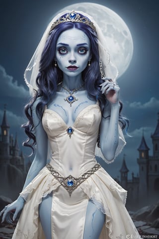 a cartoon picture of a woman dressed in a wedding dress, corpse bride art style, prosthetic, blue moonlight, by Zoë Mozert, featured on artstation, ever after high, severed limbs, is totally sad and cries, wrapped arms, instagram art, unusually unique beauty, hollywood promotional image, tarot cards characters, trending on attestation, gory,IMGFIX