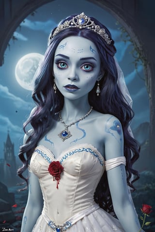 a cartoon picture of a woman dressed in a wedding dress, corpse bride art style, prosthetic, blue moonlight, by Zoë Mozert, featured on artstation, ever after high, severed limbs, is totally sad and cries, wrapped arms, instagram art, unusually unique beauty, hollywood promotional image, tarot cards characters, trending on attestation, gory,IMGFIX