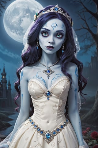 a cartoon picture of a woman dressed in a wedding dress, corpse bride art style, prosthetic, blue moonlight, by Zoë Mozert, featured on artstation, ever after high, severed limbs, is totally sad and cries, wrapped arms, instagram art, unusually unique beauty, hollywood promotional image, tarot cards characters, trending on attestation, gory,IMGFIX