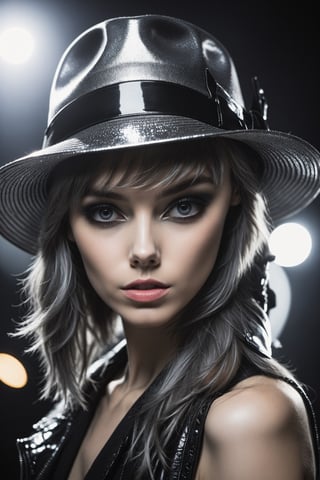 a woman wearing a hat poses for a picture, in the style of oshare kei, black, wide lens, shiny/glossy, solapunk, dark silver, rim light