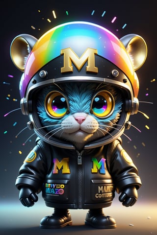 electoric supernova explosion,a mouse made from silicon plastic. Facing straight at the camera.They have expressive burning rainbow eyes and short,m. They sports a shiny helmet emblazoned with the word 'M' in bold gold letters. They are wearing a casual black varsity-style jacket, and the backdrop is a sparkling rainbow. The character's facial expression is neutral, reflective of a angry mood. The scene is lit with a soft light that casts subtle shadows across the character's face, highlighting the three-dimensional quality of the image.cinematic moviemaker style,detailmaster2, cinematic moviemaker style