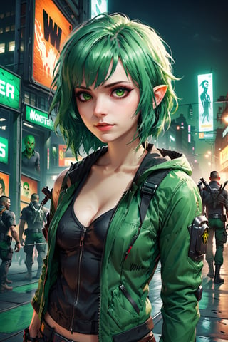 monster,  detailmaster, .,cinematic  moviemaker style,rebela,((green hair)), 
hot german girl in Berlin, GTA style cover art,uwudemon