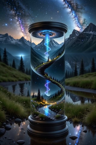 amazing quality, masterpiece, best quality, hyper detailed, ultra detailed, UHD, depth of field, mountains, ((spiral galaxy)) in hourglass, fog, firefly, transparent and polishing ral-ntrgmstn, on side, darkness, glowing, (dazzling light:1.2), water droplets after rain,
, 
,
,