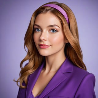 A realistic half-body portrait of Daphne Blake, aged 18, on a movie set, with professional lighting and a focused expression, capturing her vibrant personality.