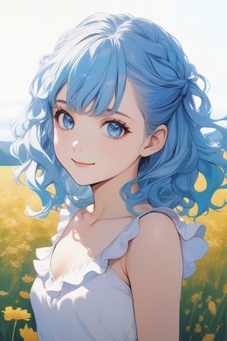 (realistic style),1girl, kobo kanaeru, 
medium hair, blue hair, wavy hair, blue eyes, small breasts, white dress, frills, light smile, 
field, anime coloring, mika pikazo, 
masterpiece, best quality,