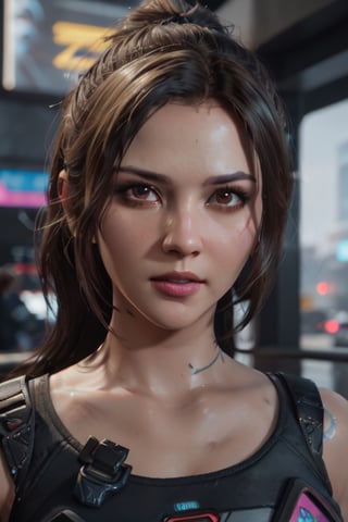 3d render, cgi, 1girl,  Jessica Mila, portrait, cyberpunk 2077 gameplay, cinematic lighting, 4k, hyperrealistic, focused, extreme details, unreal engine 5 render, cinematic, masterpiece,j3s1