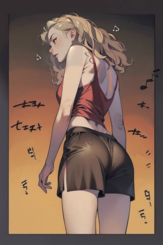 woman, ((wavy_blonde)), tank_top, hotpants, air jordan 1, cartoon, (Musical notes), skinny body, doberman, 1 page manga, (from_below:1.3), (from_behind:1.4)