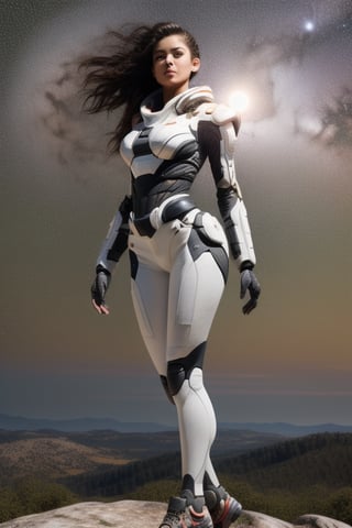 Masterpiece, Best Quality, High resolution, Ultra-detailed,Girl standing on a hill overlooking the sky, full figure, stars planets 32k,hyper detail,meadium breast, hyper quality, hyper detail equipment,8k,Accurate anthro Anatomy,Enchant Color,Dynamic Lighted space