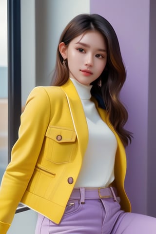 (realistic:1.4) professional photography: of a Handsome Women,wear purple jeans, yellow top and white jacket, UHD,full view, dynamic angle, Canon EOS R6, Prime lens photography, perfectly balanced dim lighting, Real human skin, White balance, Sharp details , xxmix girl