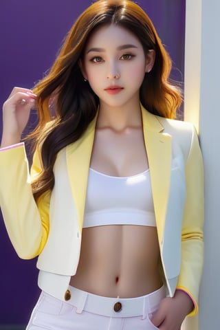 (realistic:1.4) professional photography: of a Handsome Women,wear  purple jeans, yellow top and white jacket, UHD,full view, Alberto, Canon EOS R6, Prime lens photography, perfectly balanced dim lighting, Real human skin, White balance, Sharp details , xxmix girl