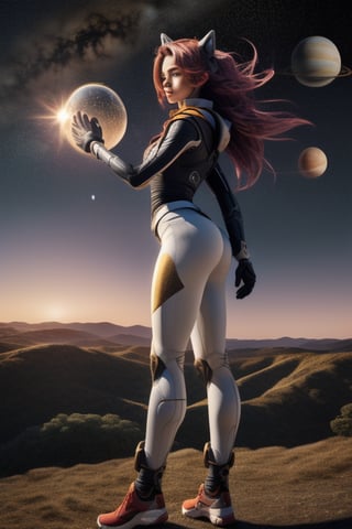 Masterpiece, Best Quality, High resolution, Ultra-detailed,Girl standing on a hill overlooking the sky, stars planets selfie full figure 32k,hyper detail, hyper quality, hyper detail equipment,8k,Accurate anthro Anatomy,Enchant Color,Dynamic Light