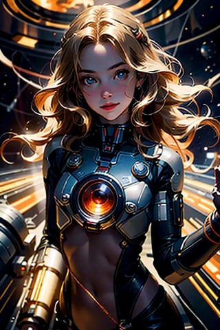 (masterpiece), selfie, centered, Instagram able, steampunk astronaut 1girl, cute smile, red ribbon, long wavy hair, blonde hair, red eyes, steampunk spaceship interior, space background, stray hair, fisheye effect, backlight, dynamic lighting, reflection, depth of field, ultra detailed, intricate, (epic composition, epic proportion), professional work,FF,mecha