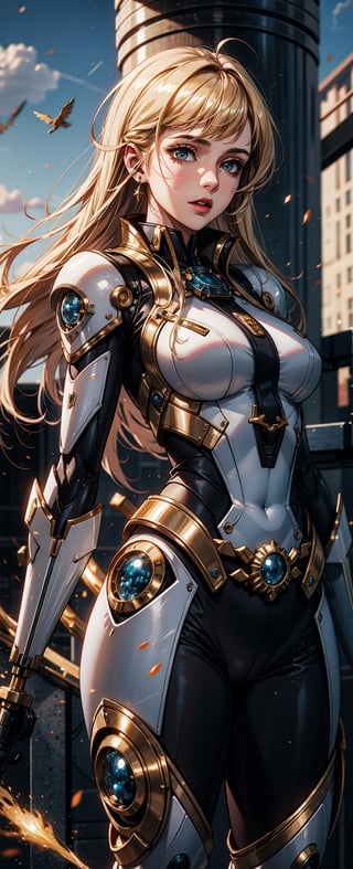 hyper detail, intricate details, masterpiece,best quality,official art,extremely detailed CG unity 8k wallpaper, android girl, white and gold colors, gold particles in the air,mecha