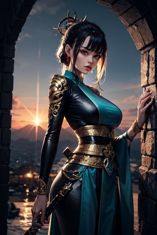 lady Samurai with blue and greenfolly covered body holding two sided long gold sword good body figure standing on the edge of cliff with sunset in the background (best quality, masterpiece, colorful, dynamic angle, highest detailed),detailed eyes, dressing high detailed (high resolution textures), in dynamic pose, (intricate details, hyperdetailed:1.15), detailed, sunlight passing through hair, colorful splash art background, (high contrast,extreme detailed, highest detailed),