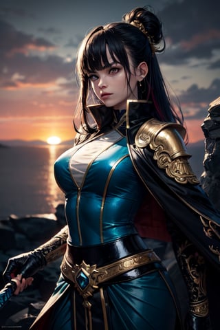 lady Samurai with blue and green amour with good looking holding two sided long gold sword good body figure standing on the edge of cliff with sunset in the background (best quality, masterpiece, colorful, dynamic angle, highest detailed),detailed eyes, dressing high detailed (high resolution textures), in dynamic pose, (intricate details, hyperdetailed:1.15), detailed, sunlight passing through hair, colorful splash art background, (high contrast,extreme detailed, highest detailed),