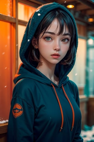 (masterpiece:1.2, best quality),1girl,upper body,snowfall,cute face,25 yrs old,sharp focus,detailed face,highly detailed,3d,8k render,16k,perfect breasts,short hairs,bobcut hairs,metal reflections,beatiful girl,portrait of a girl,wearing hoodie,sunlight,natural light reflection on face,award winning,realistic,photorealistic,real skintone,raw skintone,hyperrealistic,most beautiful girl,natural lighting,focus,far away snow castle,cinematic lighting, (film grain, blurry background),chainmail, bokeh, high contrast, (teal and orange:1.4), (muted colors, dim colors, soothing tones:1.3), low saturation,