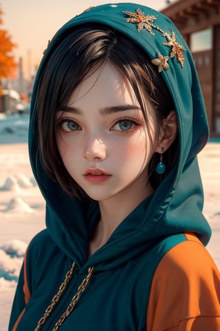 (masterpiece:1.2, best quality),1girl,upper body,snowfall,cute face,25 yrs old,sharp focus,detailed face,highly detailed,3d,8k render,16k,perfect breasts,short hairs,bobcut hairs,metal reflections,beatiful girl,portrait of a girl,wearing hoodie,sunlight,natural light reflection on face,award winning,realistic,photorealistic,real skintone,raw skintone,hyperrealistic,most beautiful girl,natural lighting,focus,far away snow castle,cinematic lighting, (film grain, blurry background),chainmail, bokeh, high contrast, (teal and orange:1.4), (muted colors, dim colors, soothing tones:1.3), low saturation,