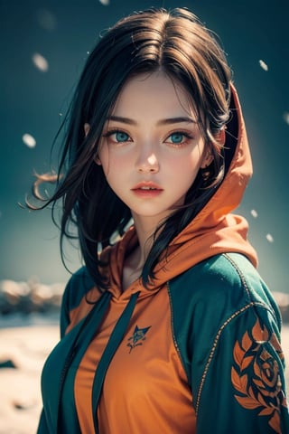 (masterpiece:1.2, best quality),1girl,upper body,snowfall,cute face,25 yrs old,sharp focus,detailed face,highly detailed,3d,8k render,16k,perfect breasts,Long hairs,black hairs,metal reflections,beatiful girl,portrait of a girl,wearing hoodie without cap ,sunlight,natural light reflection on face,award winning,realistic,photorealistic,real skintone,raw skintone,hyperrealistic,most beautiful girl,natural lighting,focus,far away snow castle,cinematic lighting, (film grain, blurry background),chainmail, bokeh, high contrast, (teal and orange:1.4), (muted colors, dim colors, soothing tones:1.3), low saturation,