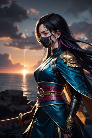 lady Samurai with blue and green fully loaded amour with covered face good looking holding two sided long gold sword good body figure standing on the edge of cliff with sunset in the background(best quality, masterpiece, colorful, dynamic angle, highest detailed) (high resolution textures), (intricate details, hyperdetailed:1.15), detailed, sunlight passing through hair, colorful splash art background, (high contrast, extreme detailed, highest detailed),