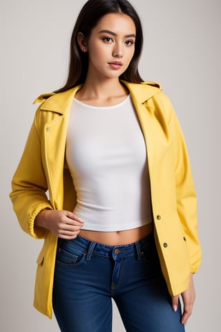 (realistic:1.4) professional photography: of a beautiful Women,wear purple jeans, yellow top and white jacket, UHD,full view, dynamic angle,dynamic pose, Canon EOS R6, Prime lens photography, perfectly balanced dim lighting, Real human skin, White balance, Sharp details , xxmix girl,OHWX WOMAN,OHWX 