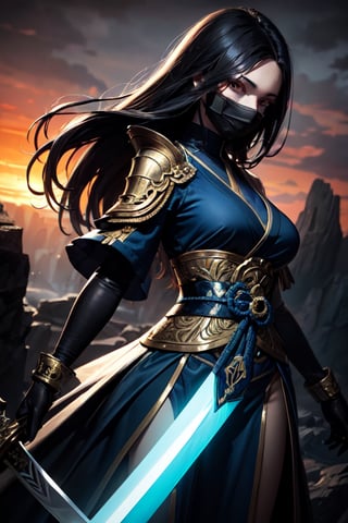 lady Samurai with blue and green fully covered body with covered face holding two sided long gold sword good body figure standing on the edge of cliff with sunset in the background (best quality, masterpiece, colorful, dynamic angle, highest detailed),detailed eyes, dressing high detailed (high resolution textures), in dynamic pose, (intricate details, hyperdetailed:1.15), detailed, sunlight passing through hair, colorful splash art background, (high contrast,extreme detailed, highest detailed),