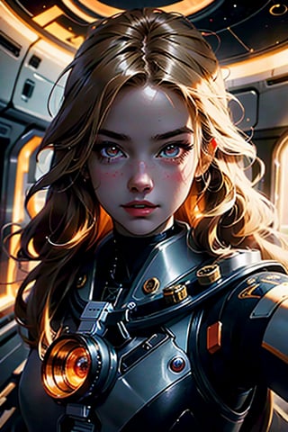 (masterpiece), selfie, centered, Instagram able, steampunk astronaut 1girl, cute smile, red ribbon, long wavy hair, blonde hair, red eyes, steampunk spaceship interior, space background, stray hair, fisheye effect, backlight, dynamic lighting, reflection, depth of field, ultra detailed, intricate, (epic composition, epic proportion), professional work,FF,mecha