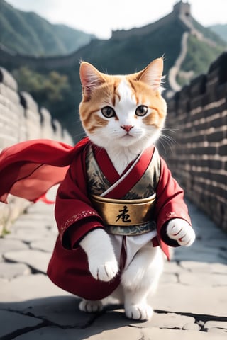 blurry great wall background, a kitty, wearing a hanfu, golden belt, long red scarf, scarf floating by breeze, standing, playing kongfu