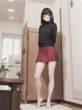 1girl, solo, long hair, bangs, skirt, black hair, standing, full body, barefoot, indoors, blunt bangs, feet, sweater, legs, book, bare legs, arms behind back, realistic