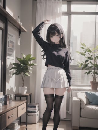 1girl, solo, long hair, skirt, shirt, black hair, thighhighs, long sleeves, standing, full body, pleated skirt, socks, black thighhighs, indoors, miniskirt, arm up, kneehighs, white skirt, blue shirt, arm at side, realistic, over-kneehighs