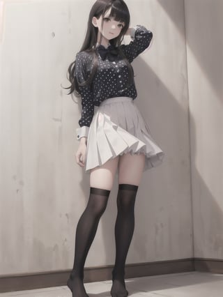 1girl, solo, long hair, bangs, skirt, shirt, black hair, long sleeves, standing, full body, frills, socks, indoors, blunt bangs, kneehighs, cosplay, no shoes, white skirt, frilled skirt, polka dot, black socks, arm behind back, hand in own hair, realistic, wall, over-kneehighs, polka dot skirt, polka dot shirt