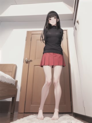 1girl, solo, long hair, bangs, skirt, black hair, standing, full body, barefoot, indoors, blunt bangs, feet, sweater, legs, book, bare legs, arms behind back, realistic