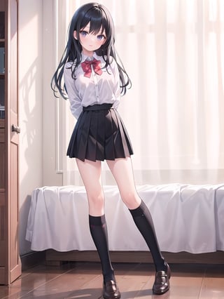 1girl, solo, long hair, looking at viewer, bangs, skirt, shirt, black hair, long sleeves, standing, full body, white shirt, socks, indoors, black skirt, kneehighs, arms behind back, black socks, realistic, over-kneehighs,busty