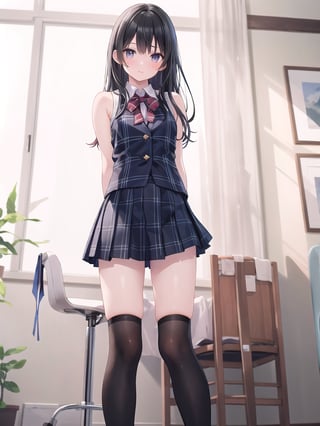 1girl, solo, long hair, bangs, skirt, shirt, black hair, thighhighs, standing, sleeveless, socks, black thighhighs, indoors, plaid, kneehighs, feet out of frame, arm behind back, realistic, over-kneehighs