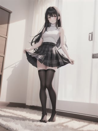 1girl, solo, long hair, bangs, skirt, shirt, black hair, thighhighs, standing, full body, sleeveless, black thighhighs, indoors, plaid, turtleneck, plaid skirt, no shoes