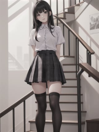 1girl, solo, long hair, bangs, skirt, shirt, black hair, thighhighs, standing, short sleeves, pleated skirt, black thighhighs, indoors, blunt bangs, zettai ryouiki, plaid, cosplay, plaid skirt, arms behind back, stairs, realistic, over-kneehighs