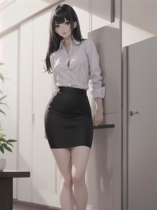 1girl, solo, long hair, bangs, skirt, shirt, black hair, long sleeves, standing, white shirt, collared shirt, indoors, blunt bangs, black skirt, lips, dress shirt, feet out of frame, pencil skirt, realistic