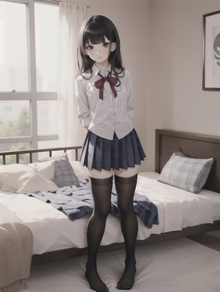 1girl, solo, long hair, bangs, skirt, shirt, black hair, thighhighs, ribbon, standing, full body, pleated skirt, collared shirt, black thighhighs, indoors, blunt bangs, blue skirt, zettai ryouiki, plaid, cosplay, bed, plaid skirt, no shoes, arms behind back, realistic, over-kneehighs