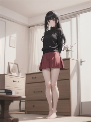 1girl, solo, long hair, bangs, skirt, black hair, standing, full body, barefoot, indoors, blunt bangs, feet, sweater, legs, book, bare legs, arms behind back, realistic