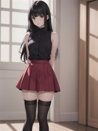 1girl, solo, long hair, bangs, skirt, black hair, thighhighs, standing, sleeveless, black thighhighs, indoors, blunt bangs, red skirt, arms behind back, realistic, over-kneehighs