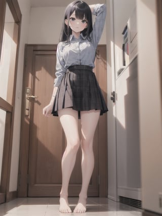 1girl, solo, long hair, bangs, skirt, shirt, black hair, long sleeves, standing, full body, barefoot, collared shirt, indoors, black skirt, arm up, plaid, bare legs, arm behind back, arm behind head, plaid shirt