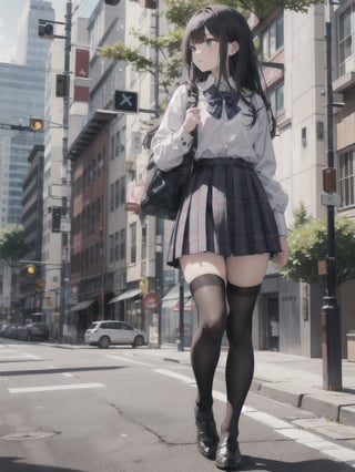 1girl, solo, long hair, skirt, shirt, black hair, thighhighs, long sleeves, school uniform, standing, full body, white shirt, pleated skirt, outdoors, shoes, day, black thighhighs, bag, black footwear, tree, zettai ryouiki, plaid, plaid skirt, plant, loafers, building, walking, school bag, purple skirt, 