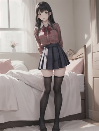 1girl, solo, long hair, bangs, skirt, shirt, black hair, thighhighs, ribbon, standing, full body, pleated skirt, collared shirt, black thighhighs, indoors, blunt bangs, blue skirt, zettai ryouiki, plaid, cosplay, bed, plaid skirt, no shoes, arms behind back, realistic, over-kneehighs