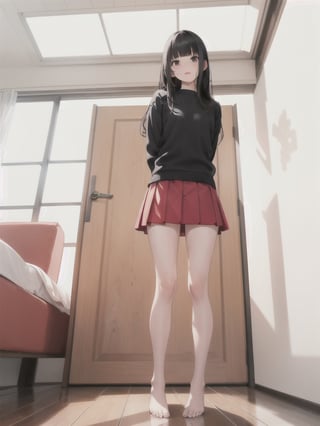 1girl, solo, long hair, bangs, skirt, black hair, standing, full body, barefoot, indoors, blunt bangs, feet, sweater, legs, book, bare legs, arms behind back, realistic